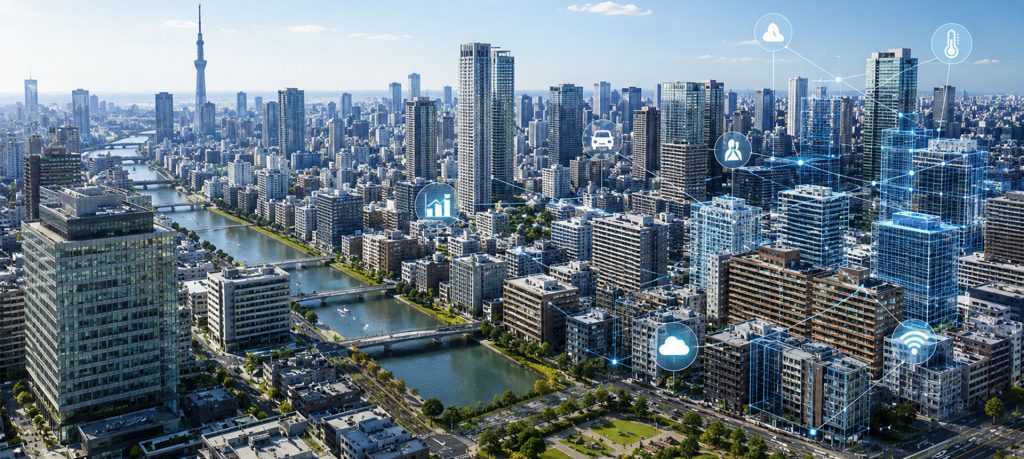 digitaltwin_3d_main | 株式会社キャドセンター Smart city illustration: a dense urban skyline with glowing blue IoT icons (cloud, car, people, thermometer, Wi‑Fi) connected by lines over buildings and rivers.